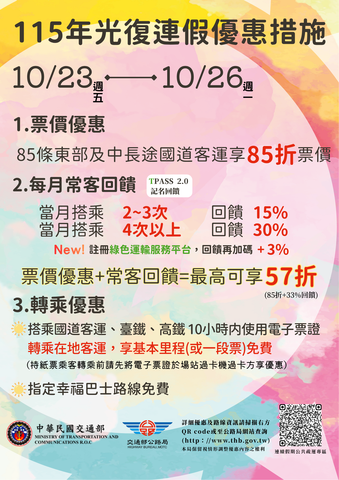 115年光復節連假公共運輸優惠海報
